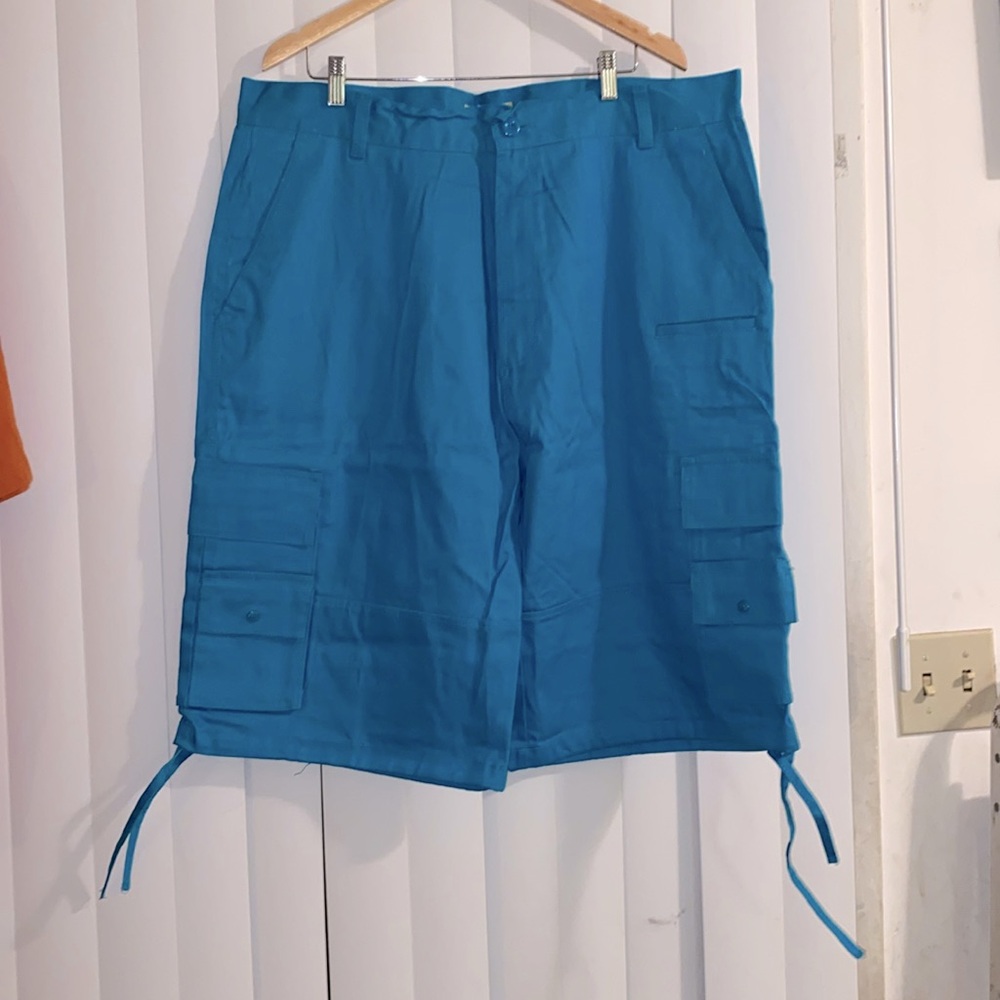 Mens Cargo Shorts Ocean Blue 36 Straight Leg Tie Cuffed Outdoor Utility Pockets